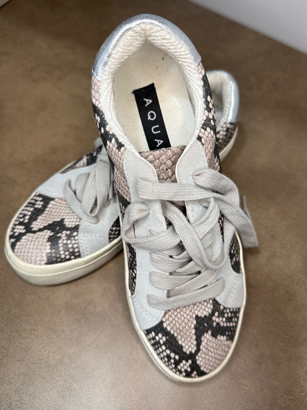 Aqua Women's Snake-Print Lace-Up Sneakers in Taupe and Black